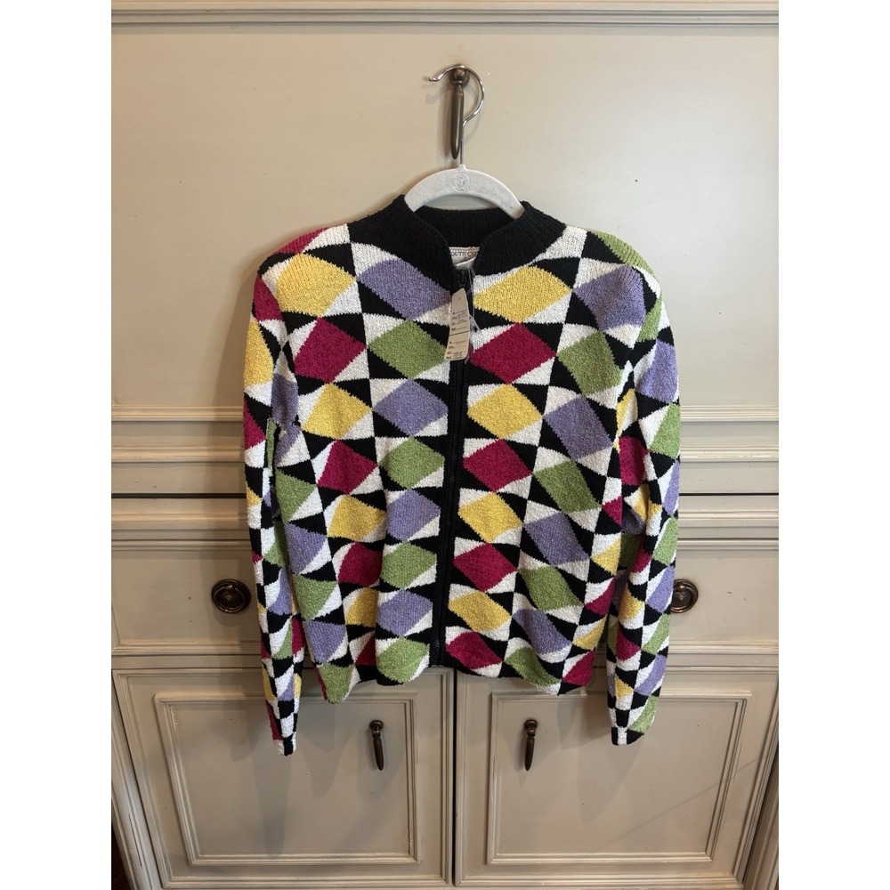 South Cotton Vintage NWT Full Zip Colorblock Geometric Sweater Blend Small Retro